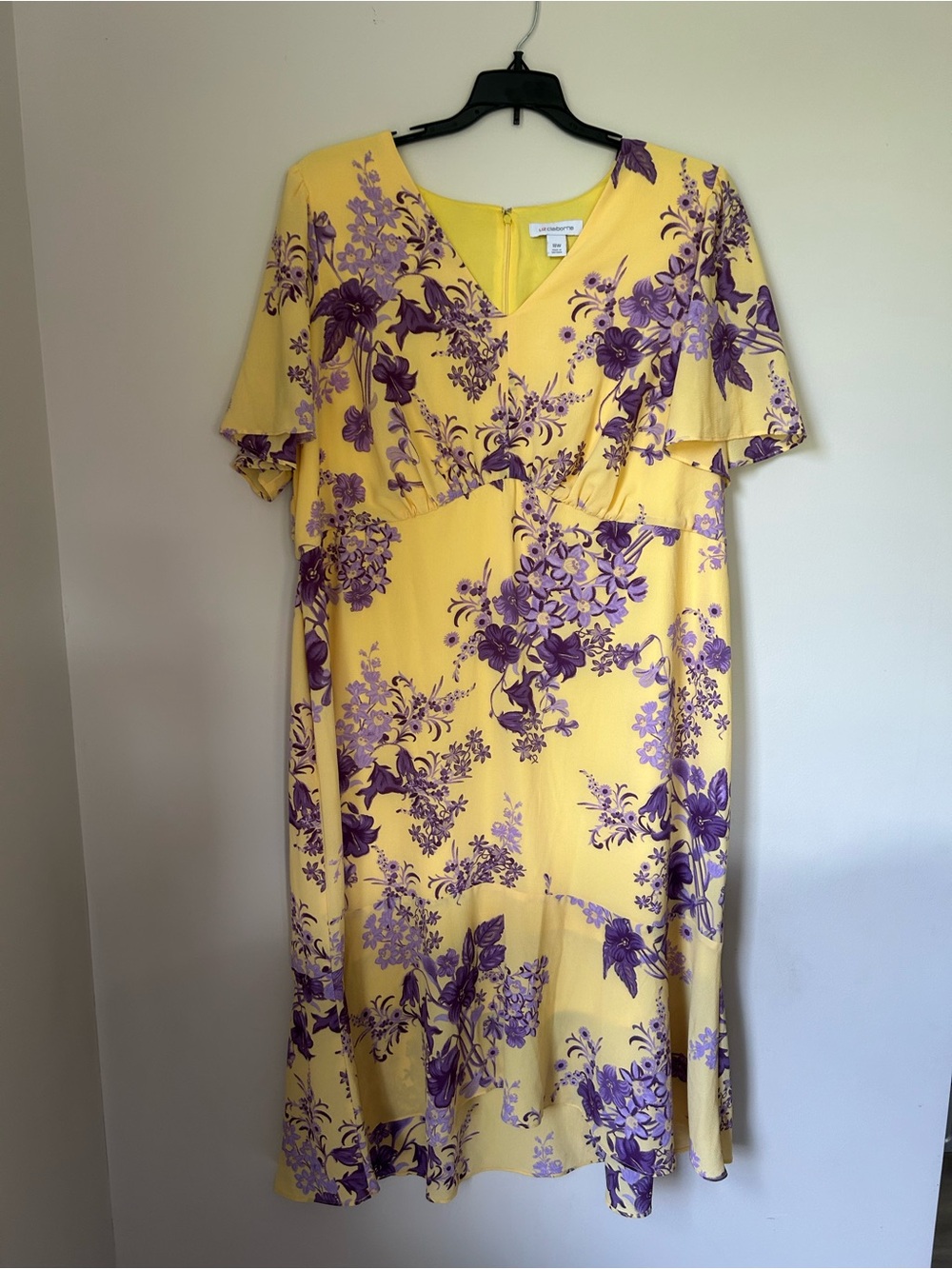 Liz Claiborne Yellow Floral Midi Dress with Purple Print